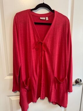 LOGO Tie-Front Draped Cardigan in muted red. Sharkbite hem. Patch pockets. NWOT
